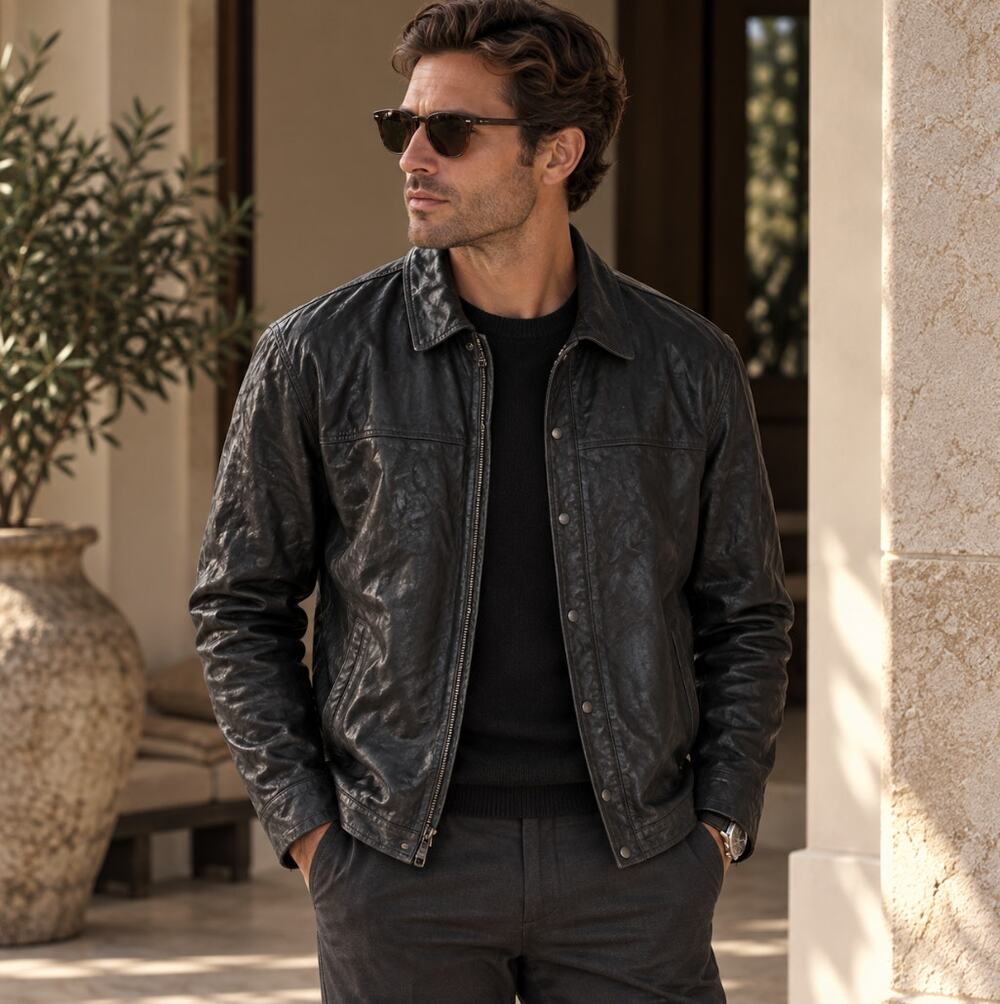 JOHN VARVATOS Crinkle Leather Dual Zip Snap Shirt Jacket Black Sz 54/US 44 $1698
